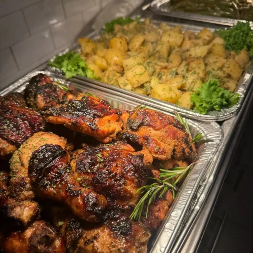 Roasted chicken trays with herbed potatoes and green beans