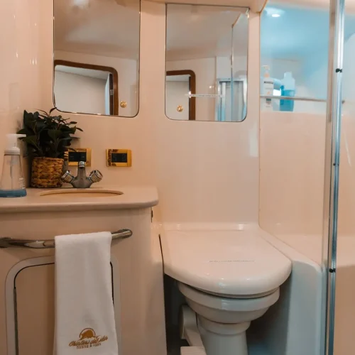 Yacht bathroom with sink, vanity, mirrors, toilet, and branded towel.