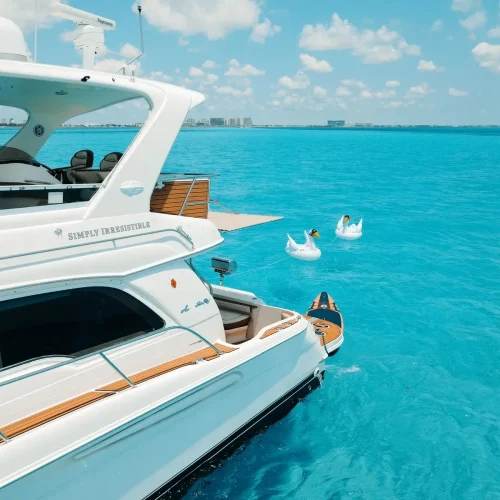Side view of Sea Ray yacht with swan floats and paddleboard in clear water.